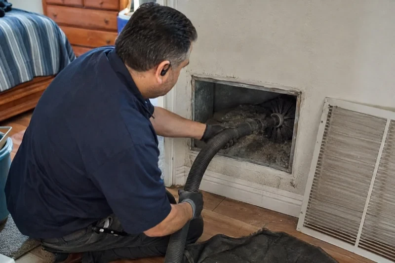 Person holding a hose and brush inside an open wall return beside its removed grille