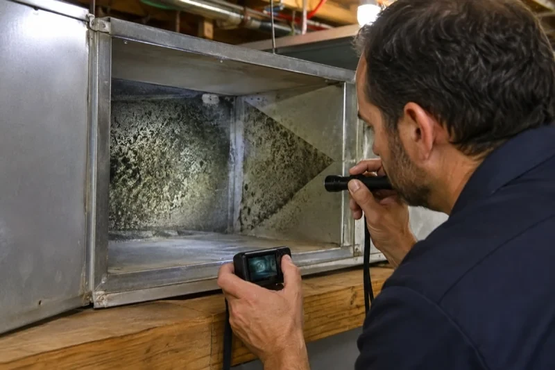 Person holding a flashlight and small camera beside an open metal duct with dark speckled deposits on its inner walls.